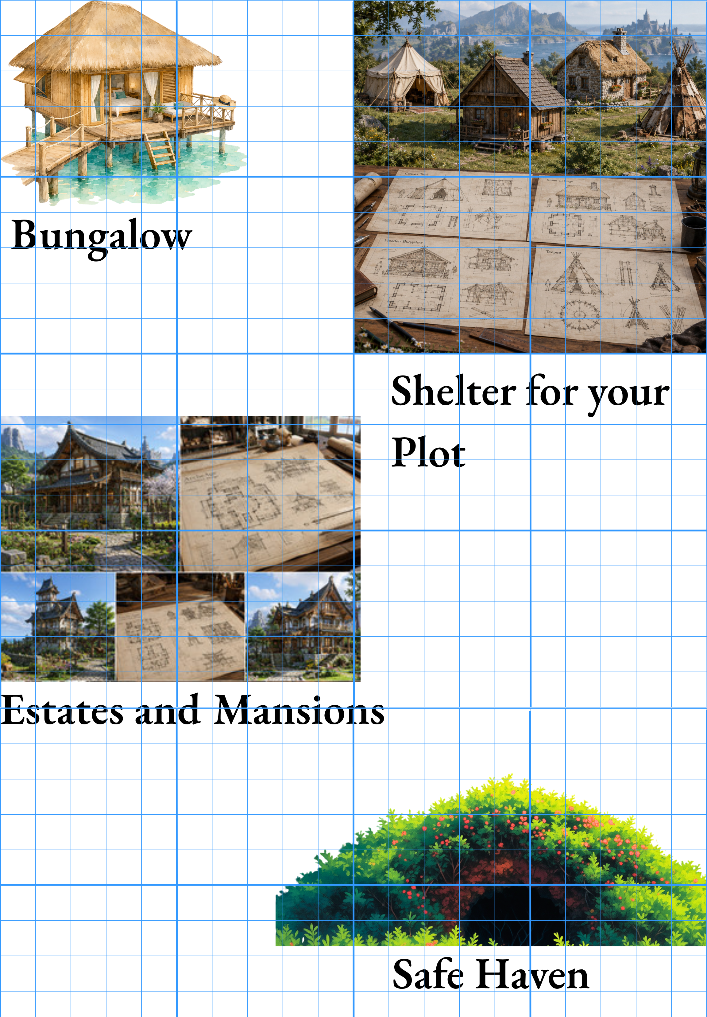 Blueprint reference showing bungalow, shelter varieties, estates and mansions