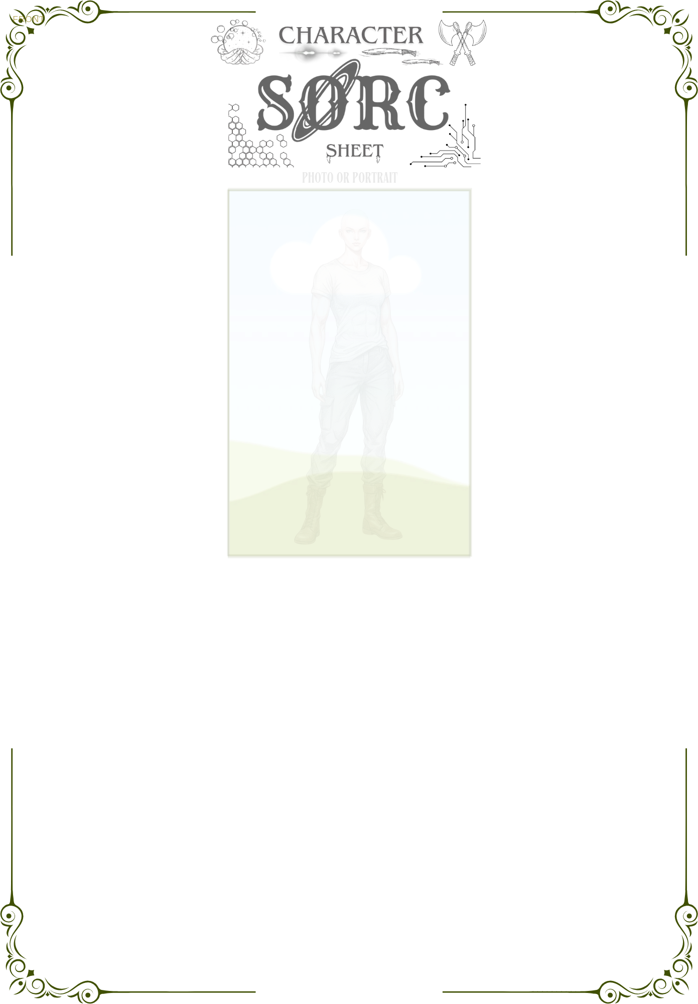 Female Muscular SORC character sheet frame